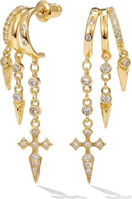 MUMREUES Gold Earrings for Women Trendy 14K Gold Plated Dangle Earrings Small Hoop Huggie Drop Stud Earrings Cubic Zirconia Simple Minimalist Dainty Chain Tassel Hypoallergenic Earrings