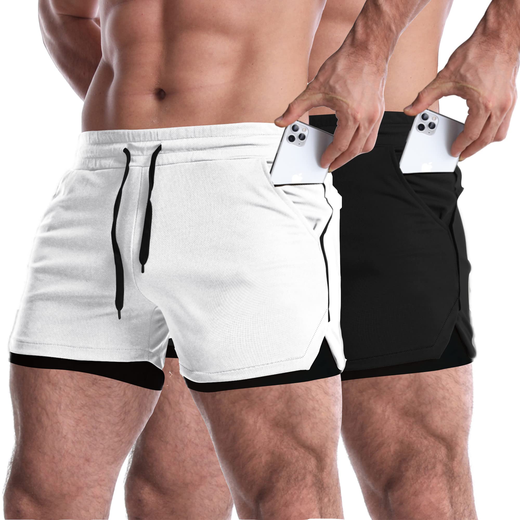 EVERWORTH Men's 2 in 1 Workout Shorts 5" Quick Dry Gym Shorts Bodybuilding Short Shorts Compression Shorts with Zipper Pocket