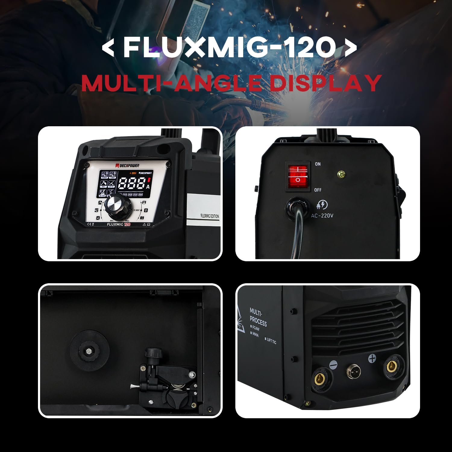 Decapower 220V Poste à souder 120A Arc Lift TIG FLUX MIG sans gaz 3 en 1 Machine de soudage de fil sans gaz Ménage (FLUXMIG-120)