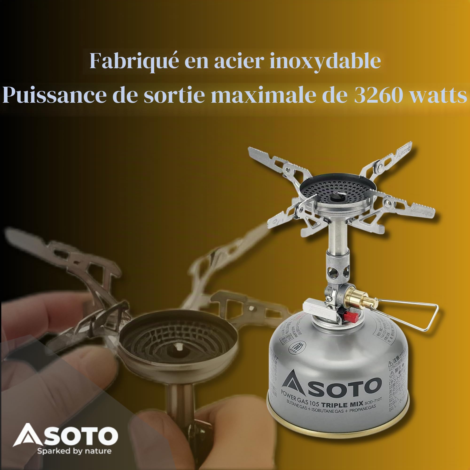 SOTO WindMaster Réchaud à Gaz Camping – Réchaud Outdoor Ultraléger (87 g) avec Allumage Piezo Stealth Igniter, Tête de Brûleur Concave Anti-Vent, Micro Regulator pour Cartouche à Vis