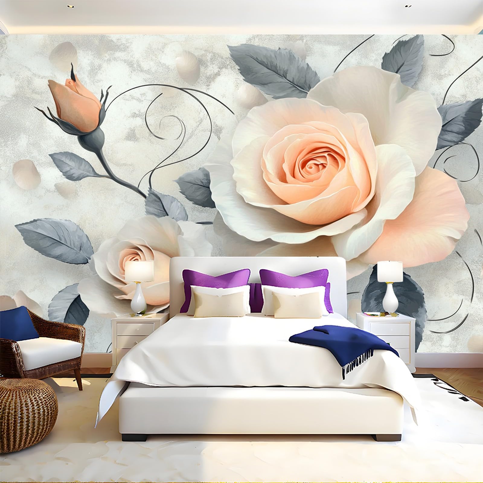 Fototapete Vintage-Rosen Vliestapete 400 x 280 cm gräulich-weiß 3D Effekt Wandbild Moderne Wandtapete für Schlafzimmer Wohnzimmer