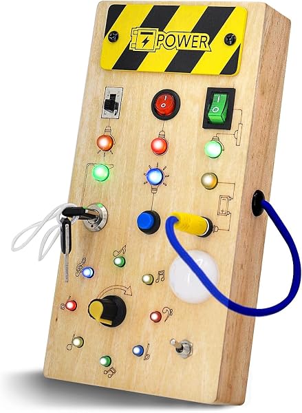 Hukermoon Busy Board Juguetes Montessori, Tablero de Actividades Sensoriales Madera con 8 Interruptores y 15 Luces LED, Montessori Toddler Busy Board LED, Juegos Educativos para Niños de 1 2 3 4 Años - 1