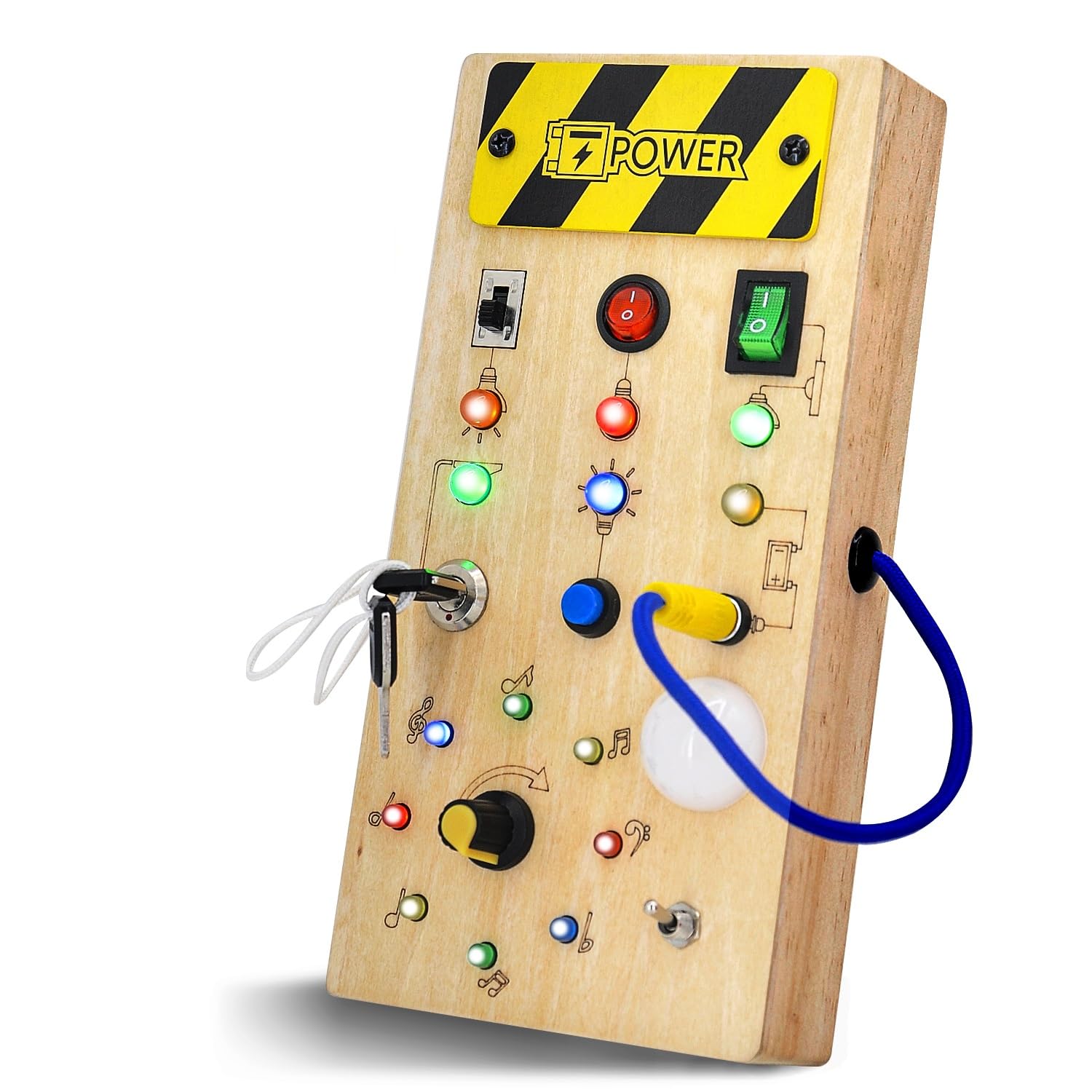 Hukermoon Busy Board Juguetes Montessori, Tablero de Actividades Sensoriales Madera con 8 Interruptores y 15 Luces LED, Montessori Toddler Busy Board LED, Juegos Educativos para Niños de 1 2 3 4 Años