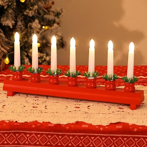 Lewondr Candelabro eléctrico de Navidad con 7 velas cónicas sin llama, luz de puente de vela de madera alimentada por USB para decoración de ventana