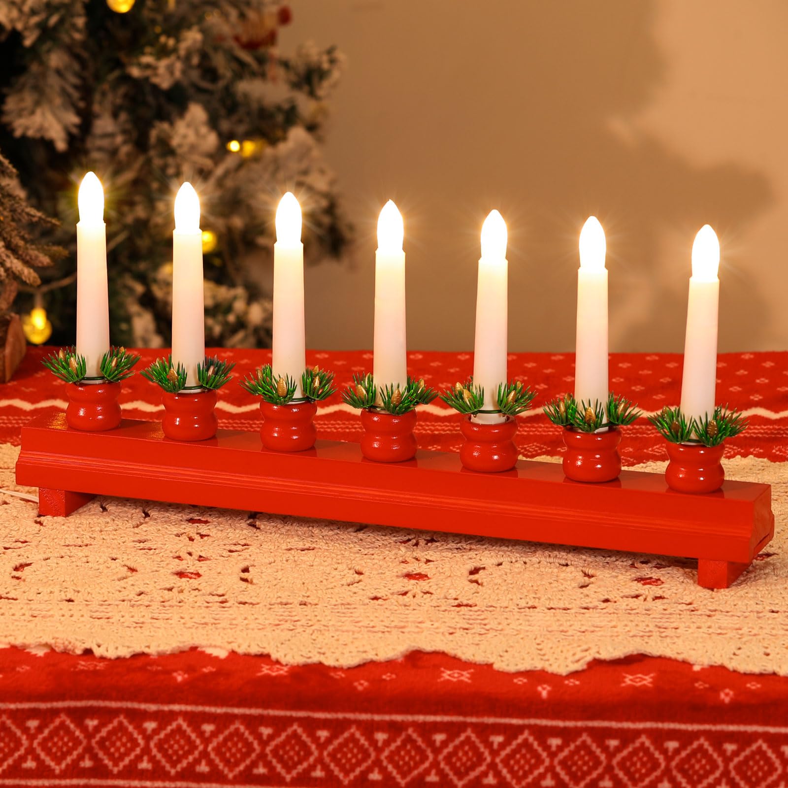 Lewondr Navidad Candelabro Sueco, Velas Eléctricas con 7 Velas sin Llama Taper, Velas de Madera de Luz del Puente con Alimentación USB, Decorativo Luces de Las Velas para la Ventana de la Boda, Rojo