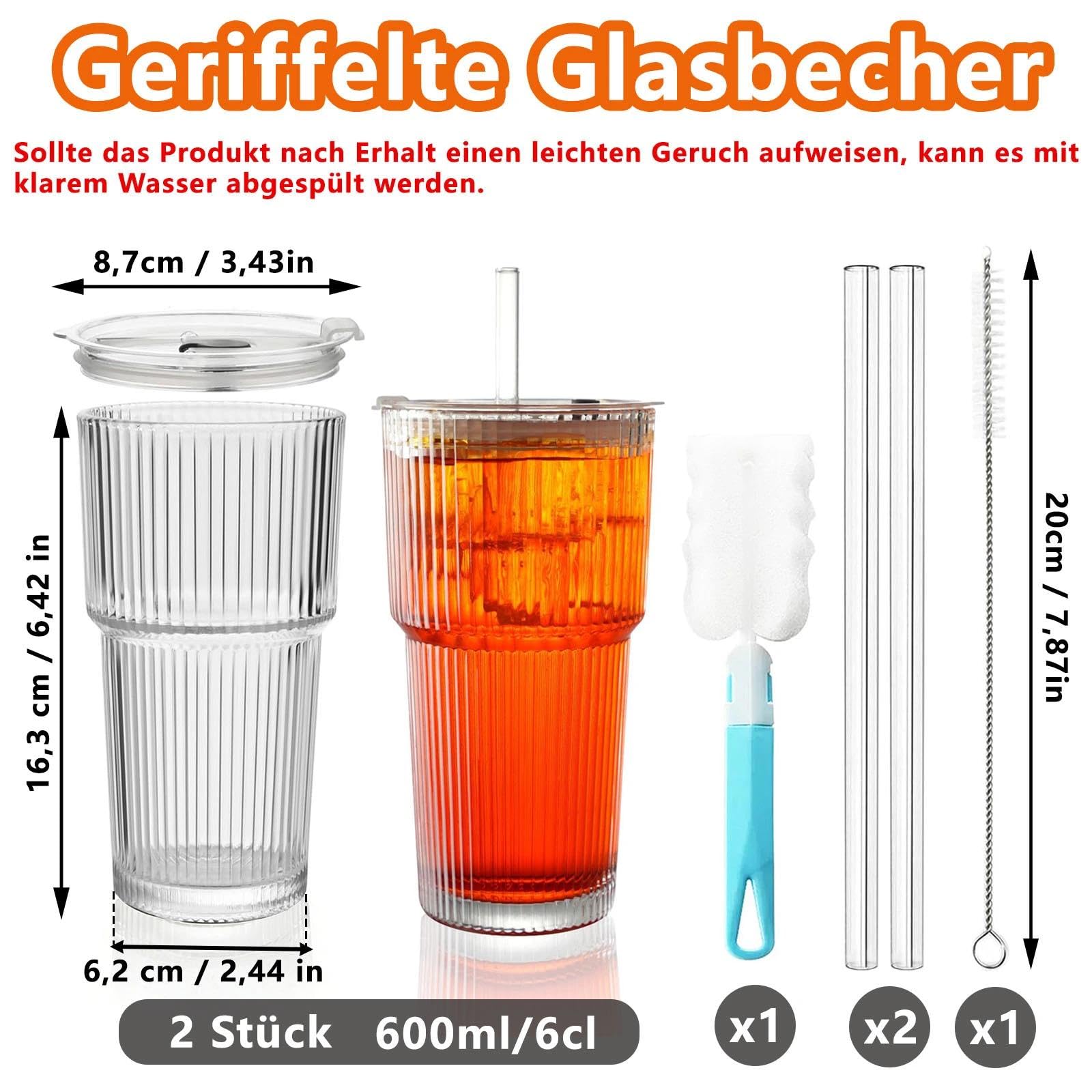Tazze di vetro a righe, 2 parti, tazze di vetro, bicchiere da bere, bicchiere da long drink, bicchiere rigato con coperchio e cannuccia, bicchiere da 600 ml per smoothie, tazza di vetro, con spazzola