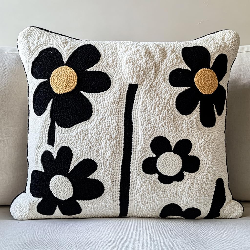 DIY Punch Needle Pillow Kit Black and White Daisy Flowers with Pattern and Hoop Handmade Embroidery Punch Needle Starter Pillowcase Making Set for Home Sofa Decoration 43x43cm-14