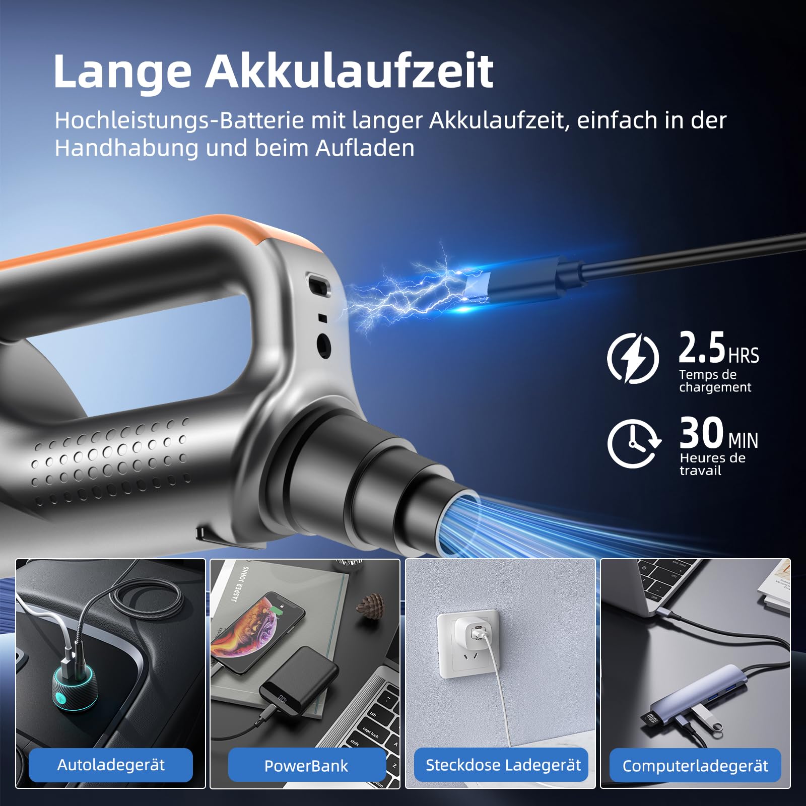 Handstaubsauger, 26000 Pa 4-in-1 Auto Staubsauger Stark, One-Touch Staubentleerung, Bürstenloser Motor, HD Display und LED Beleuchtung, Akku Staubsauger Kabellos für Zuhause/Büro/Auto, Orange