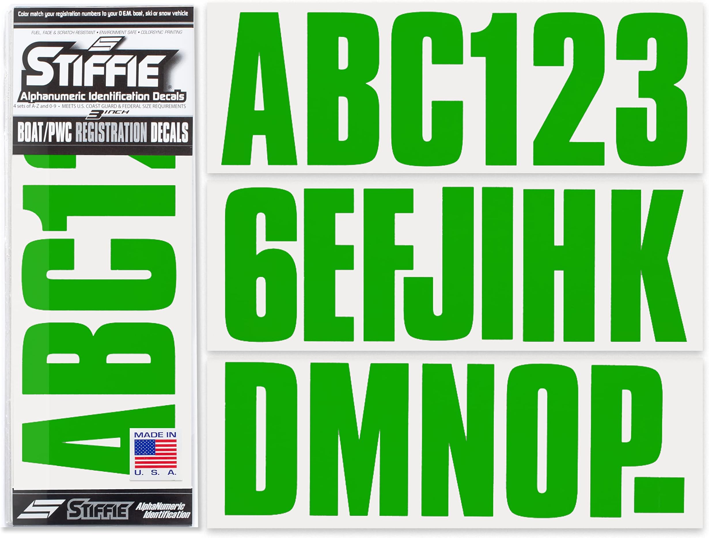 Stiffie Uniline Green 3" Alpha-Numeric Registration Identification Numbers Stickers Decals for Boats & Personal Watercraft