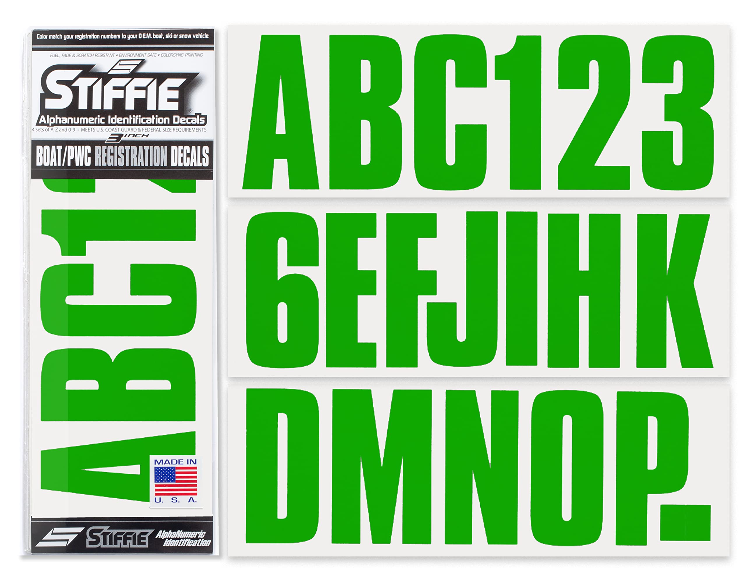 Stiffie Uniline Green 3" Alpha-Numeric Registration Identification Numbers Stickers Decals for Boats & Personal Watercraft