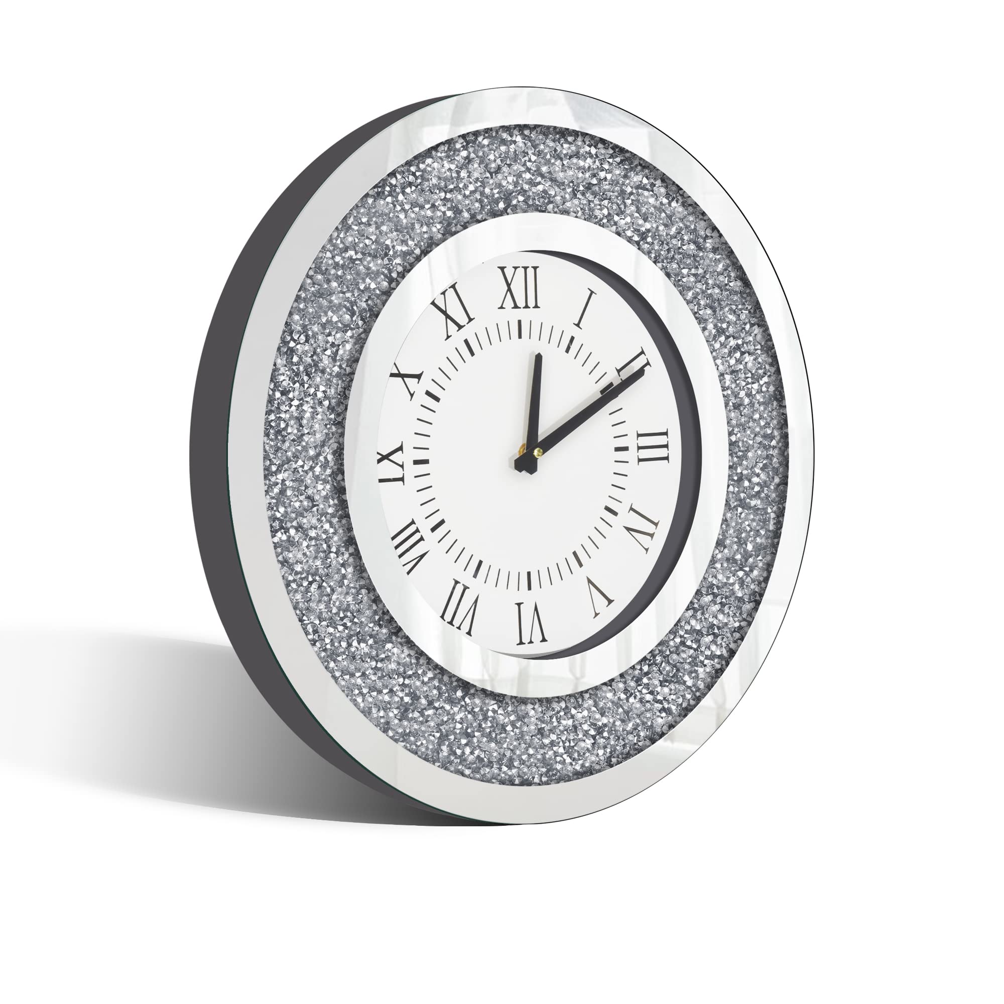GOAND Round Crystal Mirrored Wall Clock, 20x20 Inch Crush Diamond Mirrored Clock, Large Modern Silve