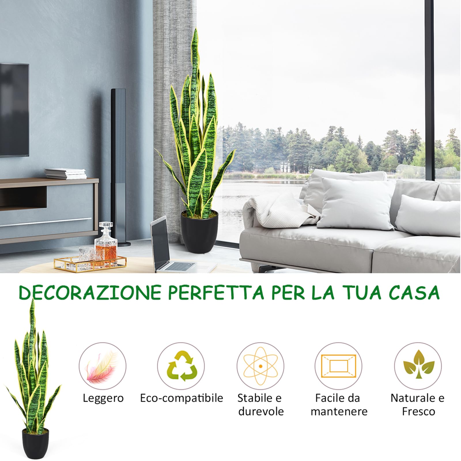 COSTWAY Pianta Artificiale da 90 cm, Sansevieria Finta con 20 Foglie e Vaso, Pianta Artificiale per Salotto, Camera da Letto e Balcone