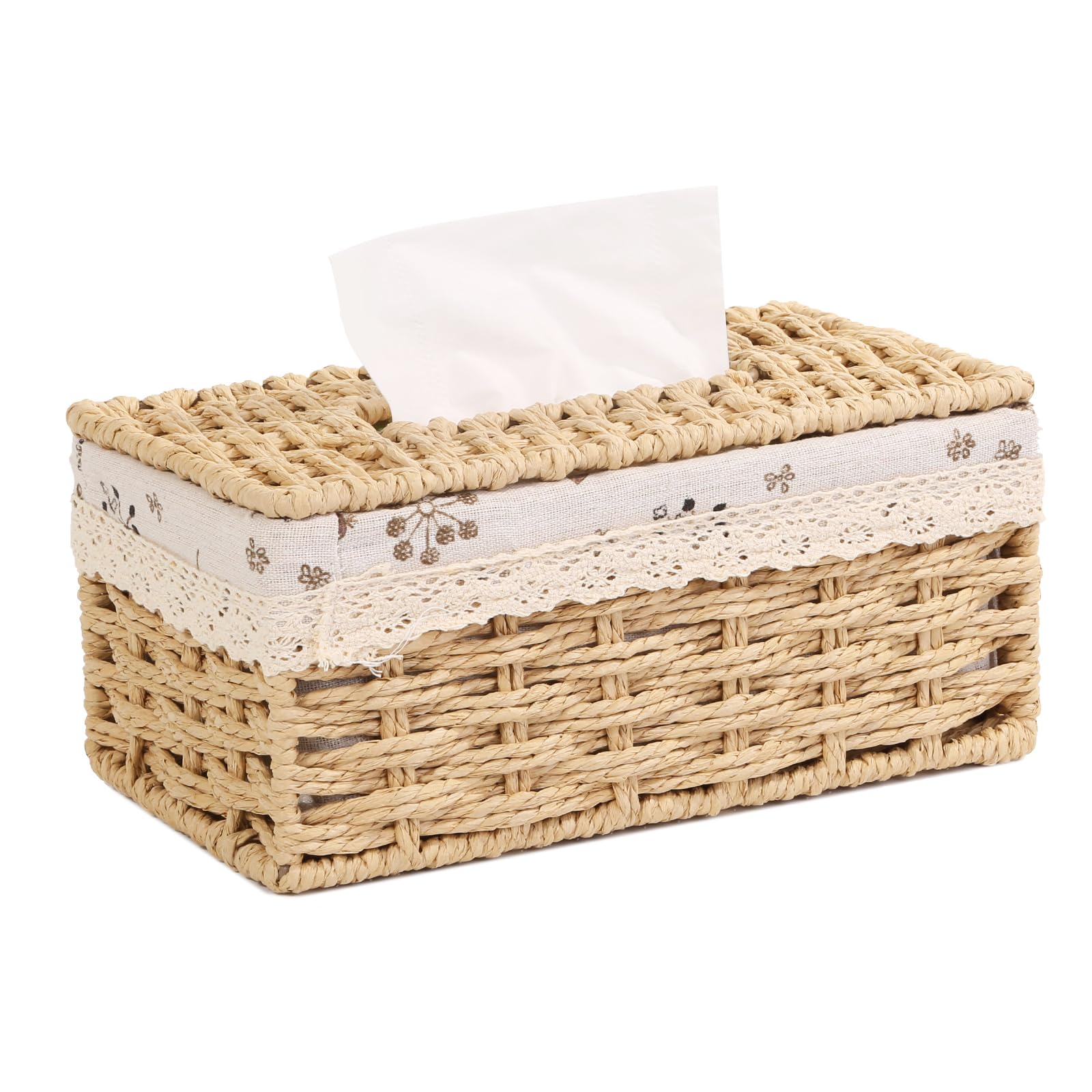 HigBwoo Tissue Box Cover Rectangular, Decorative Rattan Wicker Tissue Box Holder, Cotton and Linen Lining, Vintage Farmhouse Style Dresser Table Tissue Box Office Car Coffee