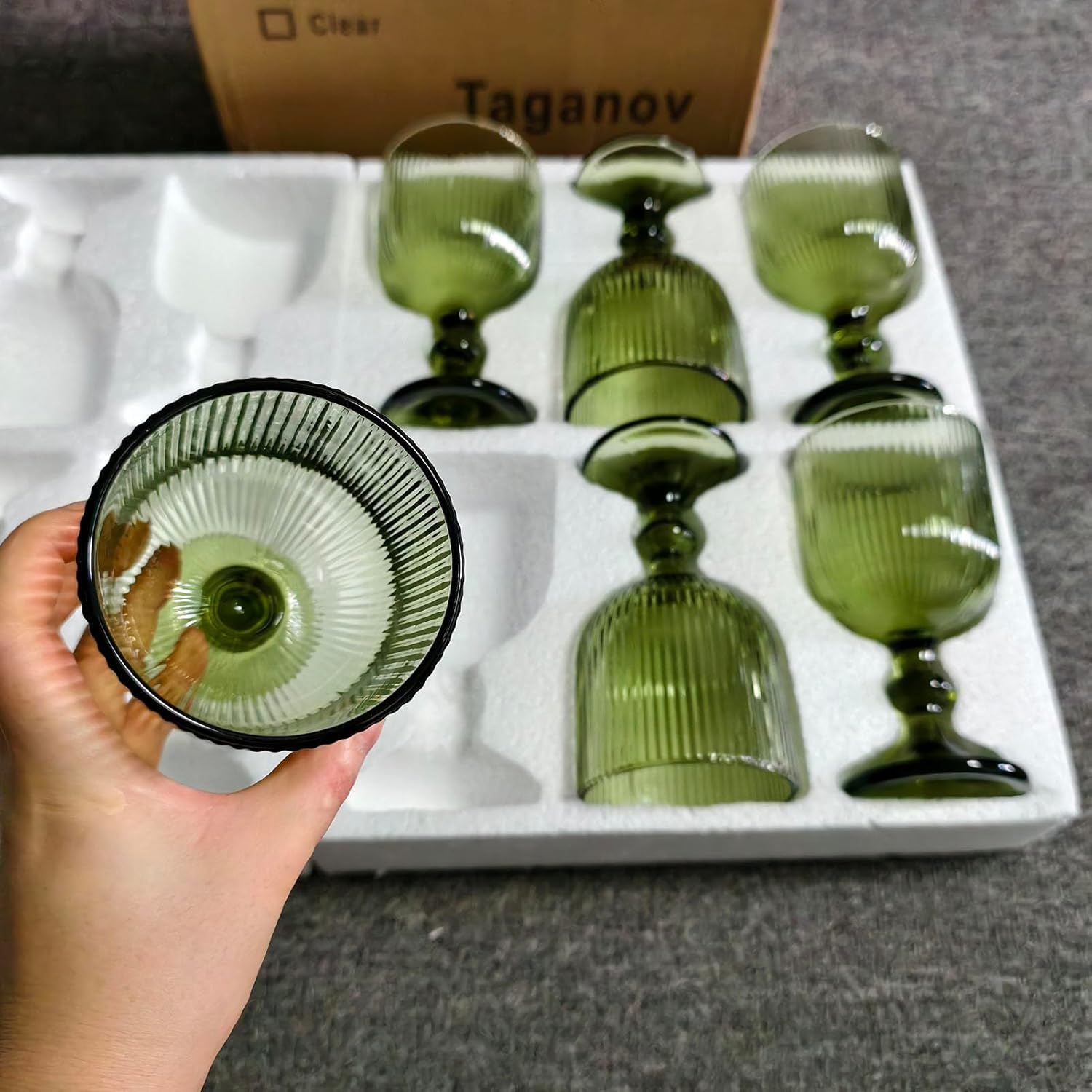 Green Drinking Glasses set of 6 Big Wine Goblets Vintage Colored Glassware 13 oz for Wedding Party Bar Vertical Line Embossed Pattern Stemmed Cups 400ml - Image 3