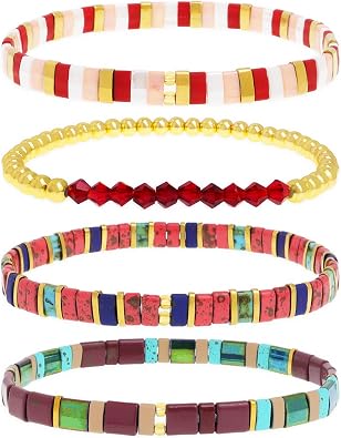 Tila Flat Beads Bracelets Stack Set for Women, Handmade Gold Beads Gemstone Colorful Stretch Outfit Accessories Jewelry Gift.