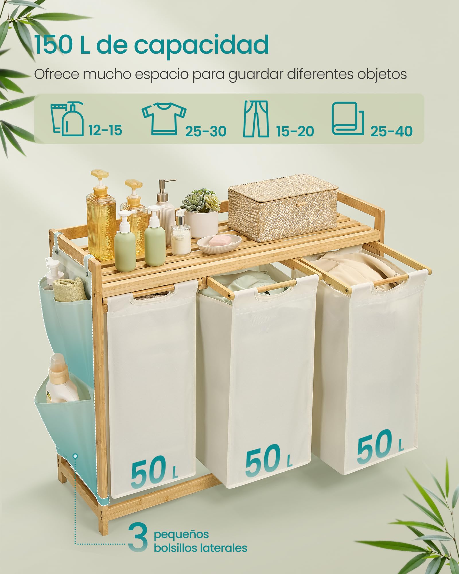 SONGMICS Cesto para Ropa Sucia de Bambú, 3 Compartimentos (150L), con Estante y Bolsas Extraíbles, 94 x 33 x 78 cm, para Baño, Blanco Crema RLH115W01