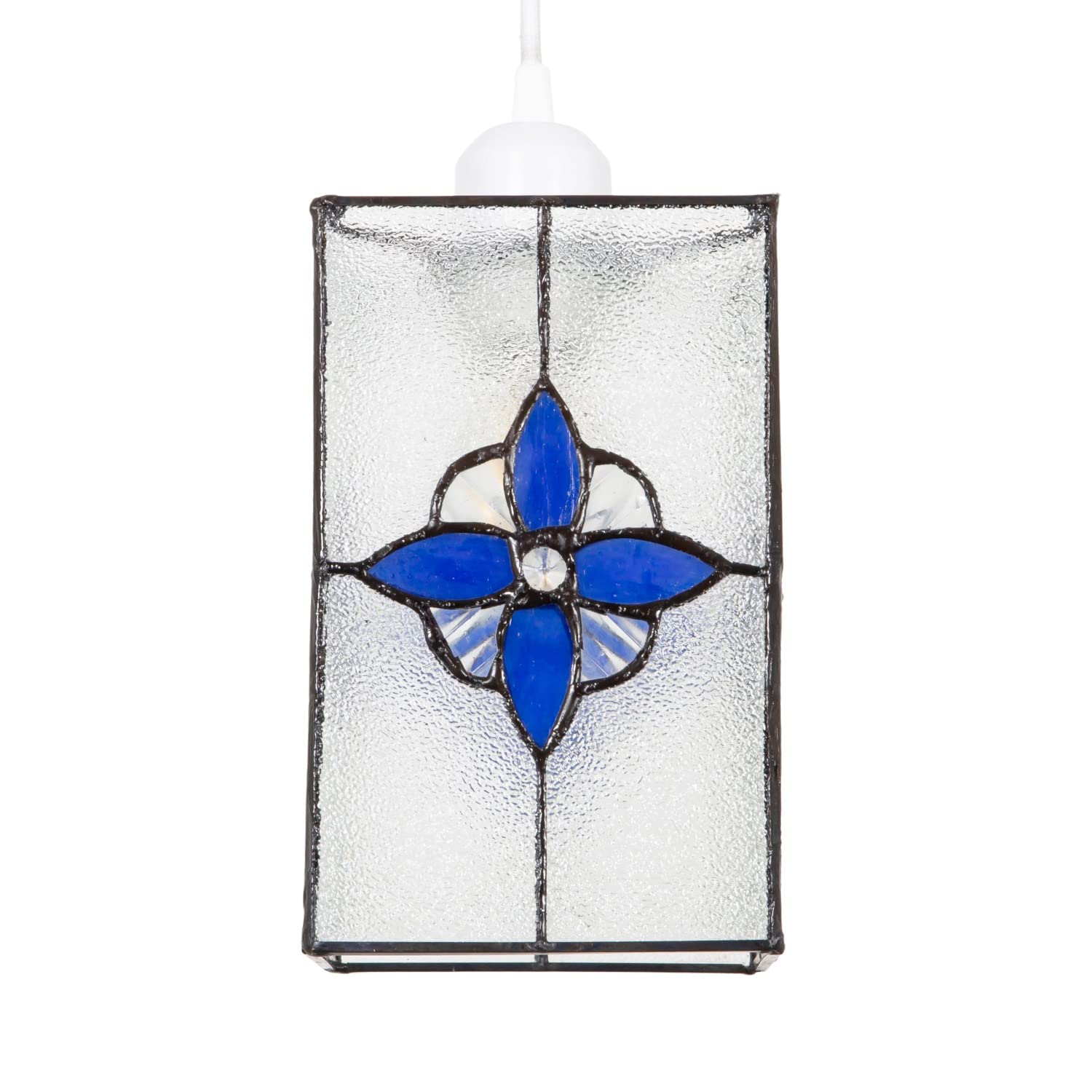 Happy Homewares Blue Traditional Clear Glass Tiffany Style Rectangular Pendant Light Shade With Royal Midnight Panels | 21Cm Height | 60W Maximum By