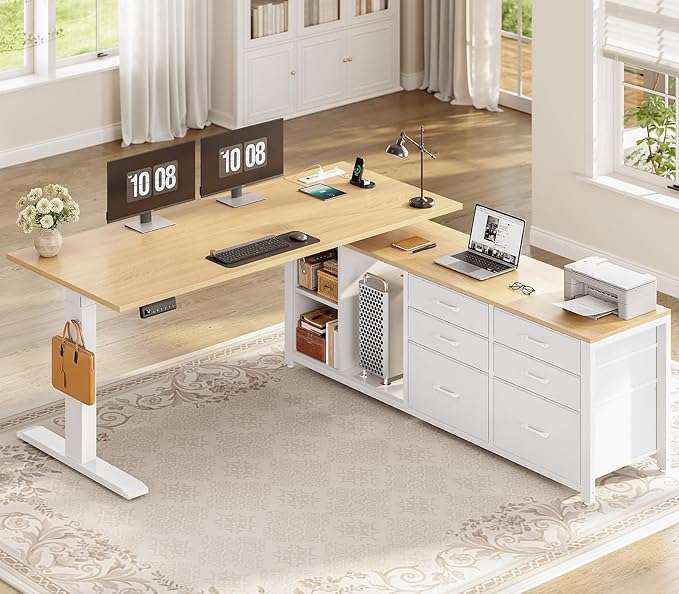 Escritorio Ajustable Electrico en L 140x60cm Roble