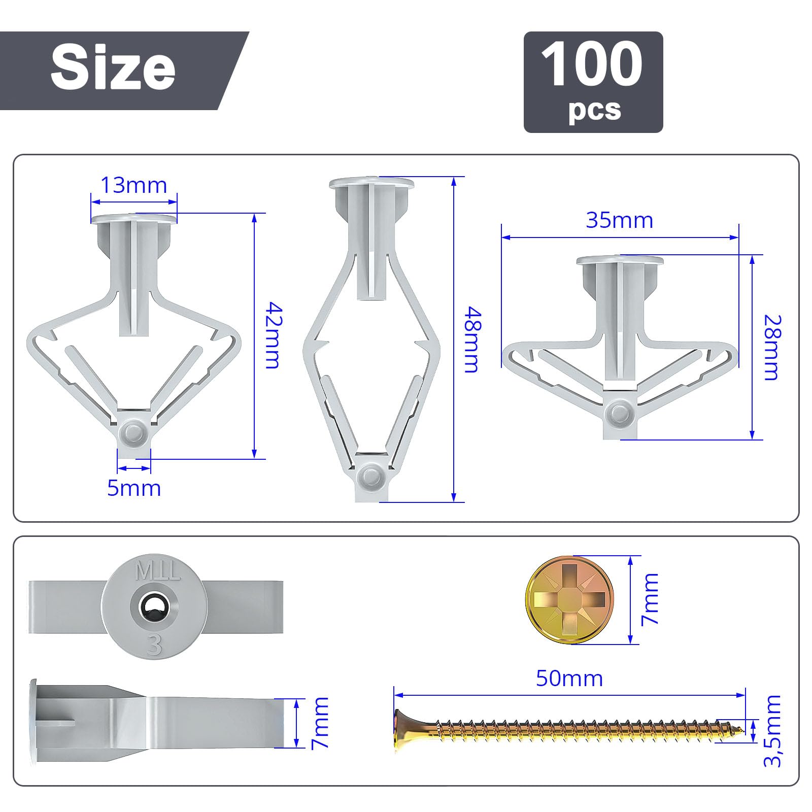 Wavanta 200Pcs Plasterboard Wall Plugs and Screws Set, Plasterboard Fixings - Image 2