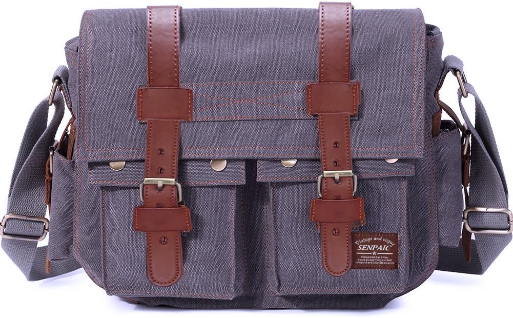 Canvas Vintage Messenger Bag 14'' Laptop Computer Bag Leather Satchel Bag Shoulder Bookbag for Men (Grey)