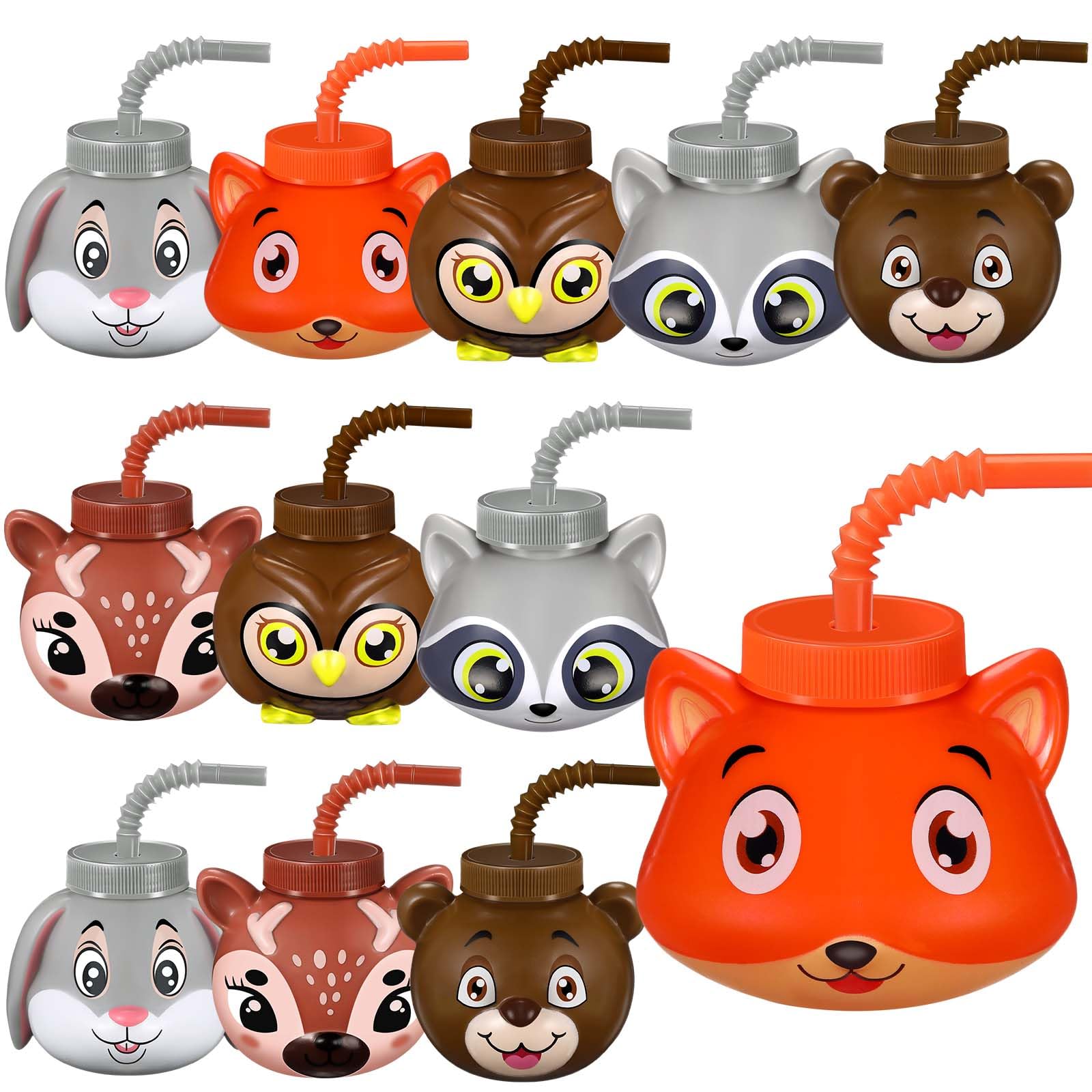 Hoolerry 12 Sets Forest Woodland Animal Party Favor Supplies Cups with Lids and Straws,10 oz Party Favor Cups for Gender Reveal Baby Shower Woodland Party and Birthday Party Supplies