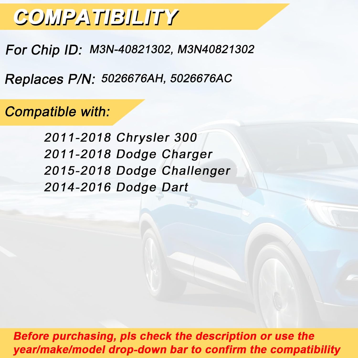 Vurkcy Key Fob Replacement for 2011-2018 Dodge Charger & Chrysler 300/15-18 Challenger/ 14-16 Dart Car Keyless Entry Remote Control, M3N-40821302 M3N40821302, 5 Btn