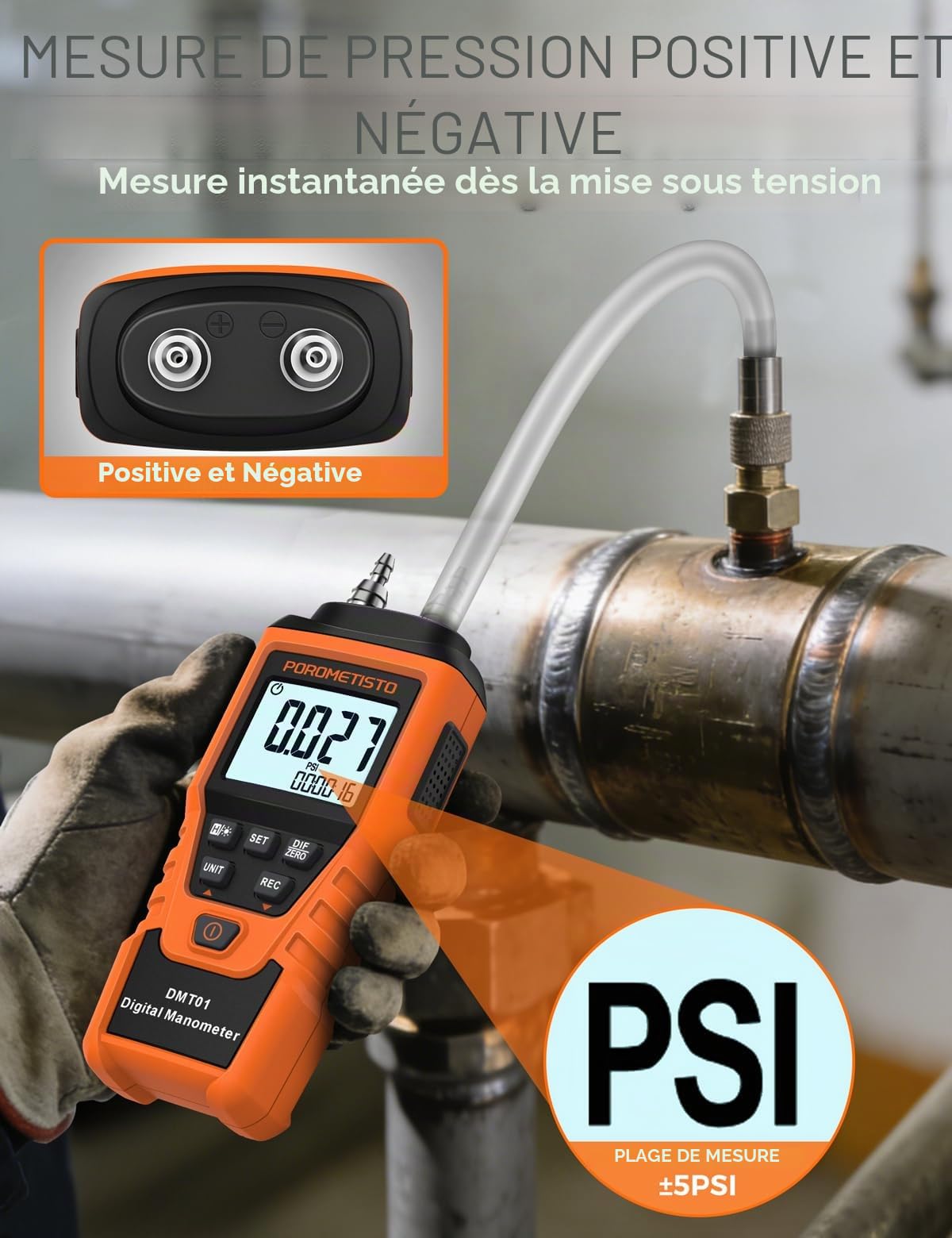 Manomètre numérique, DMT01, manomètre CVC et testeur de pression de gaz, Coque antidérapante, conception portative, enregistrement max/min/moy, 12 unités sélectionnables