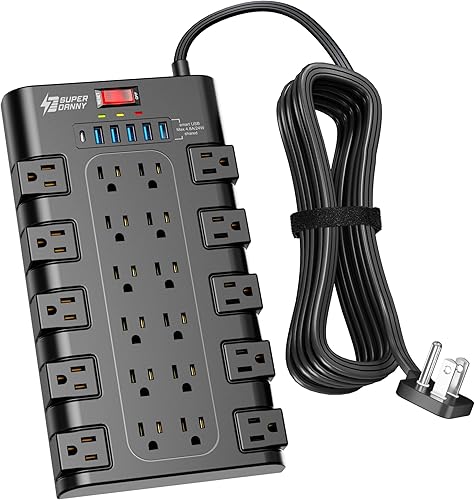 Miniatura 10 de Regleta de alimentación, SUPERDANNY - Protector contra sobretensiones con 22 tomas de corriente AC y 6 puertos de carga USB, 1875 W/15 A, 2100