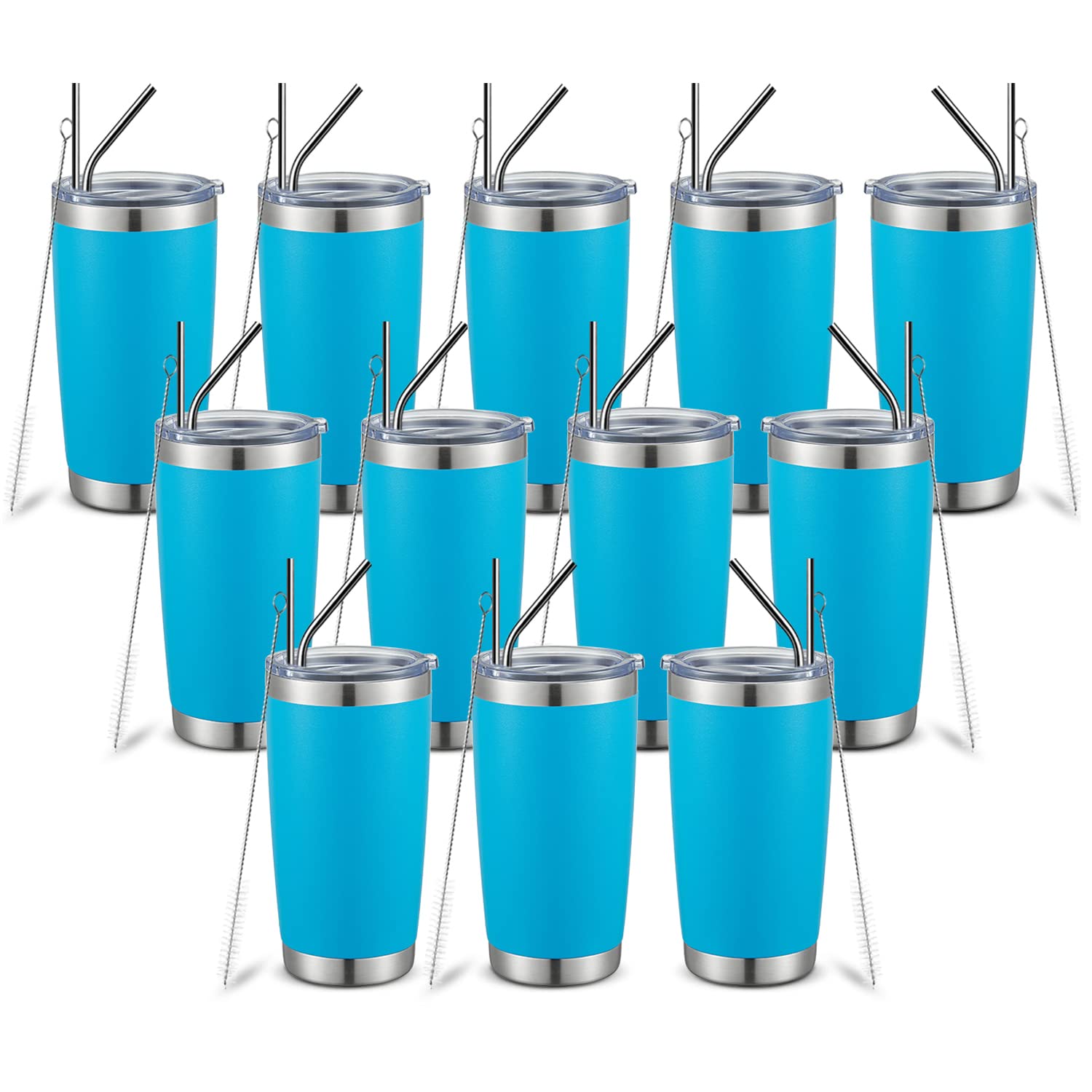 Eeamble 12pc 20oz Stainless Steel Tumbler with Lid and Straw, Double Wall Vacuum Insulated Travel Coffee Mugs, Durable Powder Coated Tumbler Cups Keep Cold & Hot for Home/Office/Outdoor