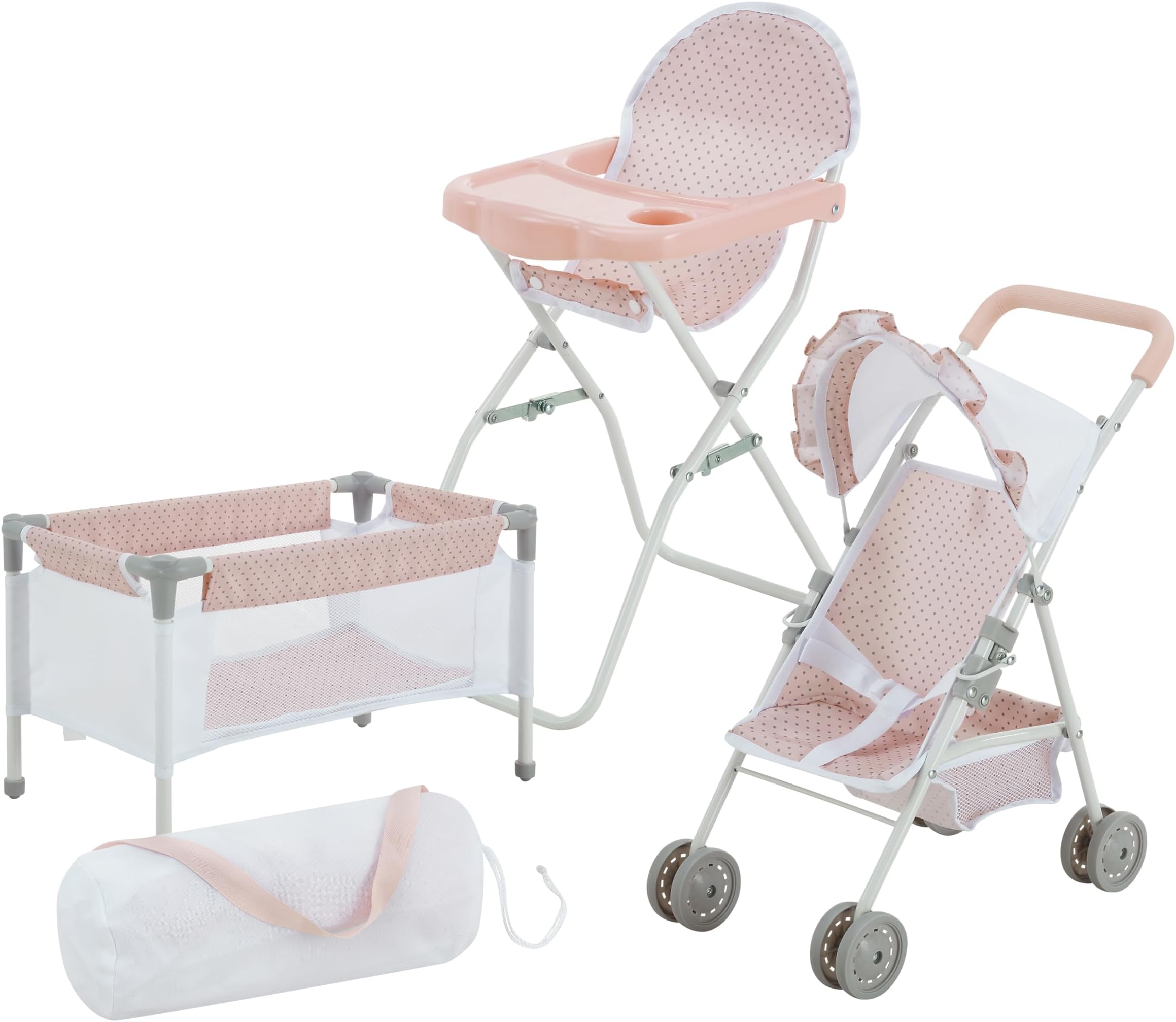 Polka Dot Princess Baby Doll 3pc Nursery Set - Crib, High Chair & Stroller, Pink & Grey