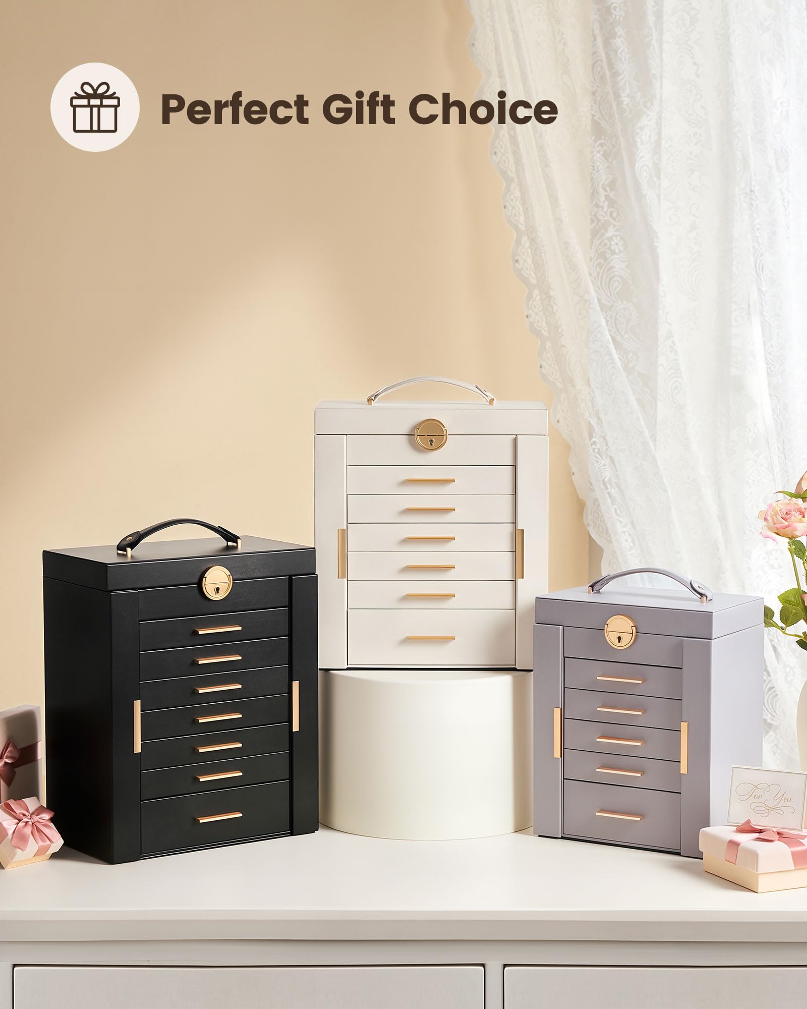 Lolalet Caja Organizadora de Joyas Grande 8 niveles con Espejo Negro | con Cerradura, para Anillos, Pendientes, Pulseras, Collares y Relojes. Ideal para Hogar y Regalos para Mujeres
