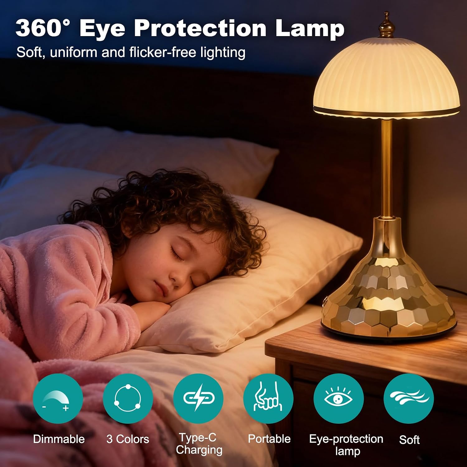 Touch lamp,night light for kids,rechargeable light, suitable for bedrooms, desks, terraces,and outdoor tables. Dimmable LED eye-protection night light,also an ideal Christmas gift for teenagers.(Gold)