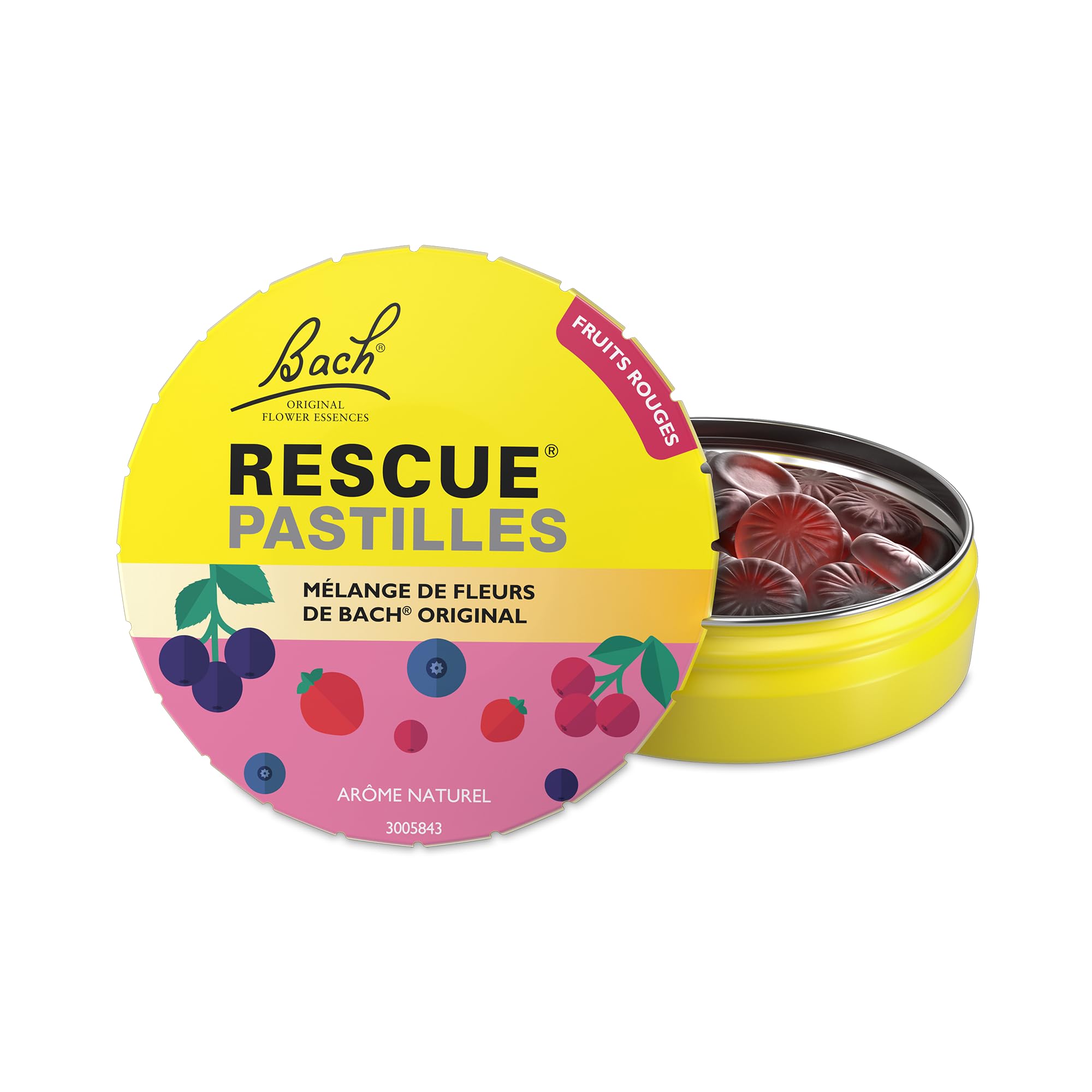RESCUE - Pastilles goût Fruits des bois - Bien-​être émotionnel naturel - Mélange de 5 Fleurs de Bach Original - Idéal lors de déplacement, voyage, stress du quotidien - Sans sucre - Boîte de 50g