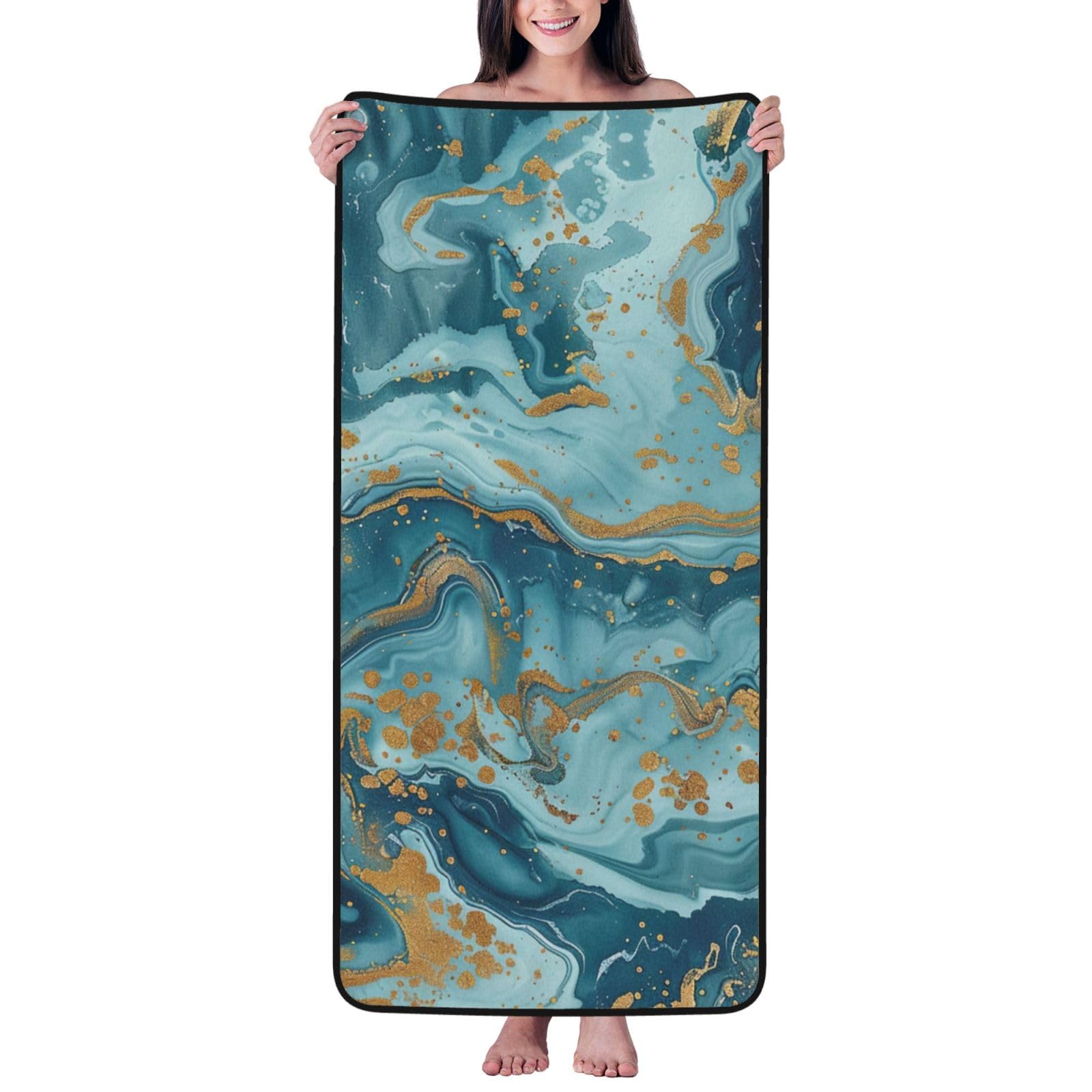 WPKJU Azurite Teal and Foil Gold Oil Marble Pattern Printed Bath Towel with Black Edging - 27x55 in Soft Extra Absorbent Coral Velvet Shower Towels for Bathroom