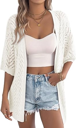 EVALESS Womens Crochet Knit Cardigan Sweaters Short Sleeve Open Front Kimonos Boho Cardigans Tops Lightweight Vacation