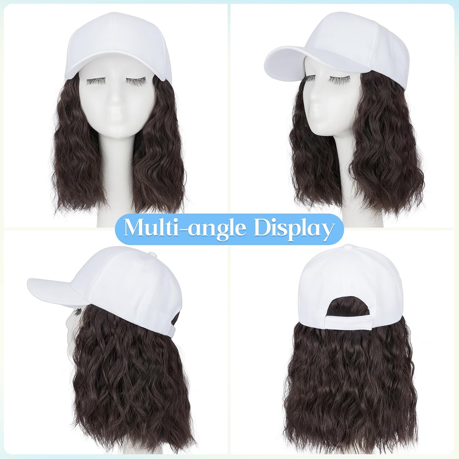 S-noilite Baseball Cap with Hair Extensions,White Hat Wigs with Hair Attached Synthetic Short Curly Wave Bob Hairstyle Baseball Caps for Women Daily Use(#4 Dark Brown).