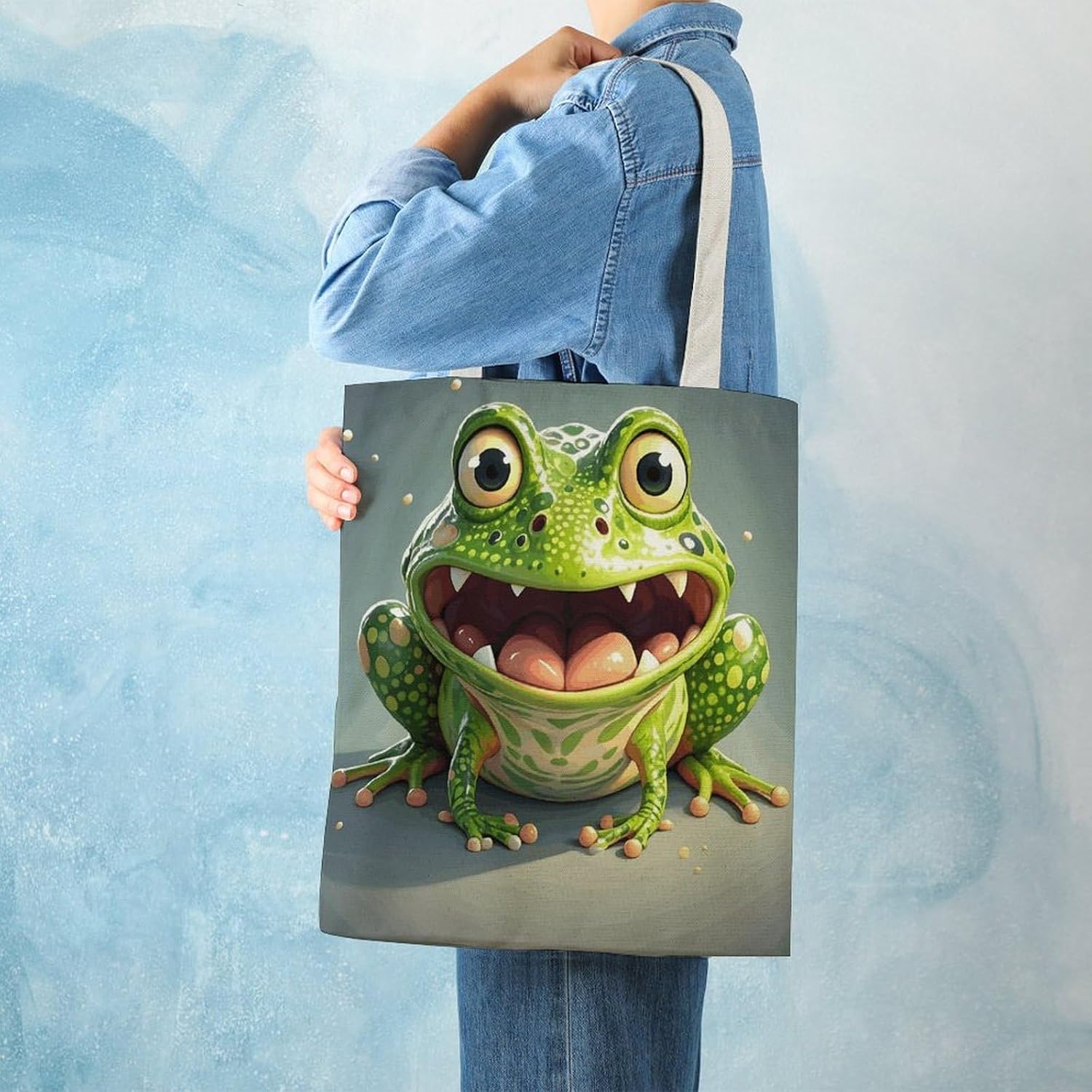 Frog with Mouth Open Canvas Tote Bag Reusable Grocery Bags Foldable Soft Cotton Shoulder Carry Bag