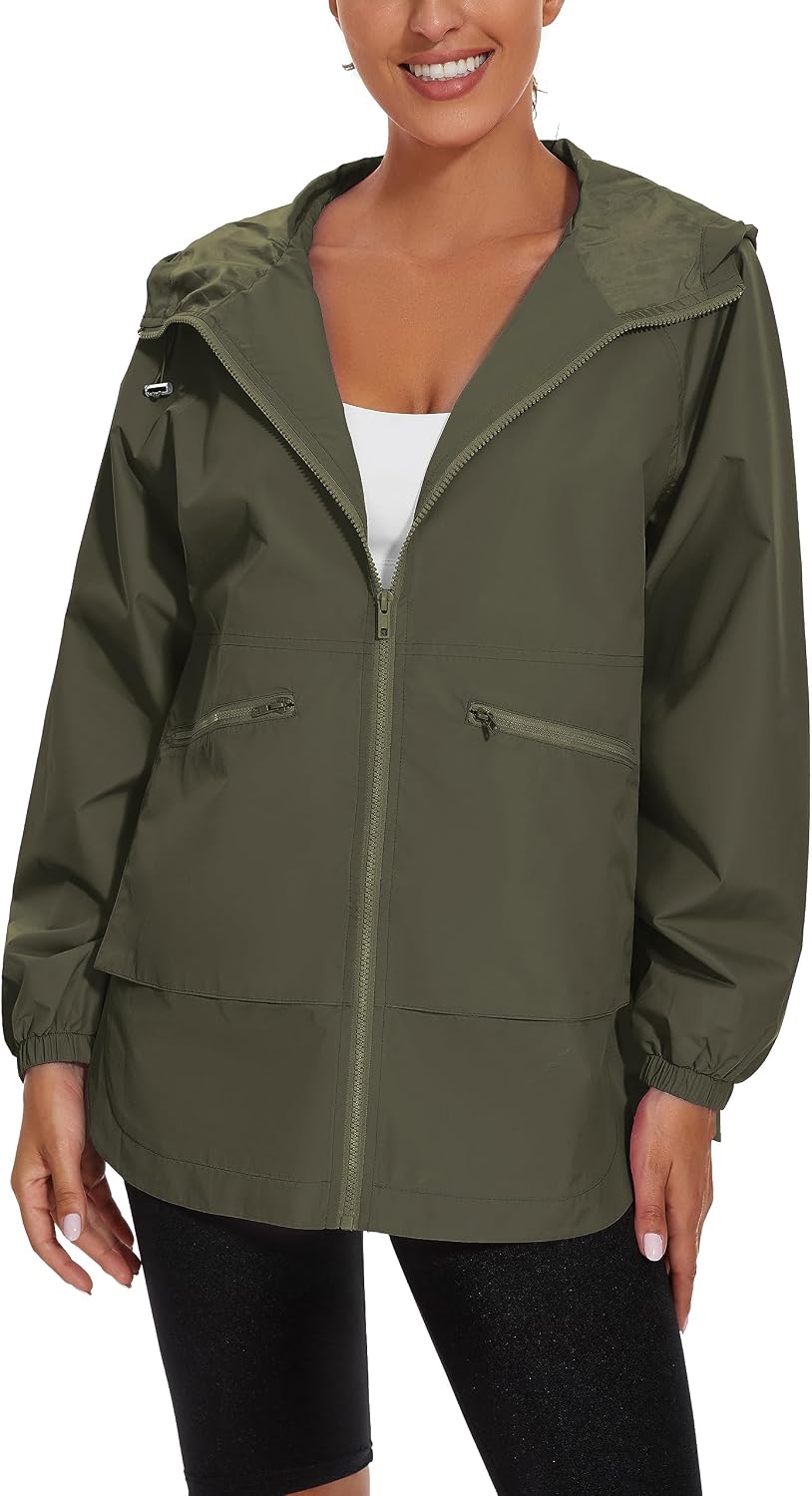 PESION Womens Waterproof Raincoat Lightweight Rain Jacket Trench Coat Hooded Windbreaker With Pockets for Outdoor image 3