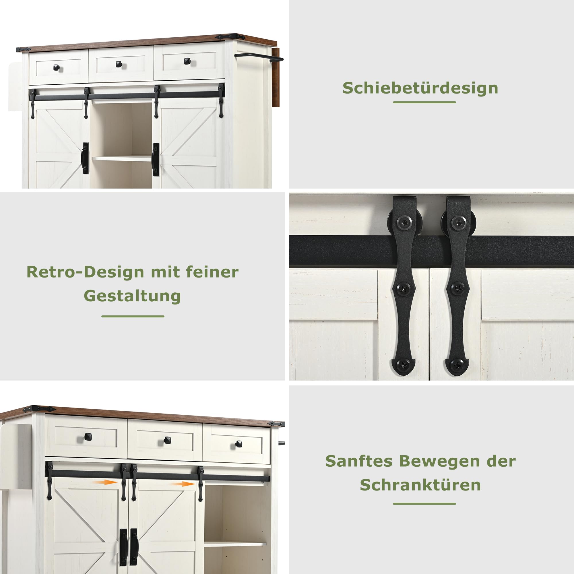 Rtopsu Bewegliche Kücheninsel Küchenwagen, Küchenrollwagen Rollwagen mit Schubladen und Handtuchhalter, Servierwagen aus Holz mit Arbeitsplatte und Rollen für Küche, Beige, 140x94x73 cm