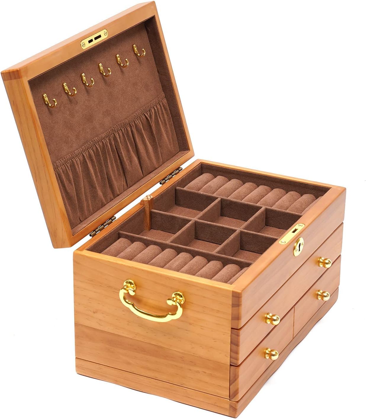 Portagioie a 3 livelli, terzo piano, anello regalo, 2 cassetti, con chiusura a chiave, in legno, per anelli, orecchini, collane, bracciali