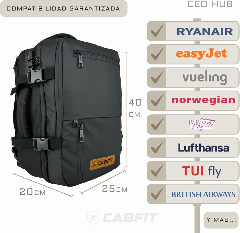 CabFit 40L Utazó Hátizsák Ryanair Vueling Kabin Méret Terjeszthető Fekete