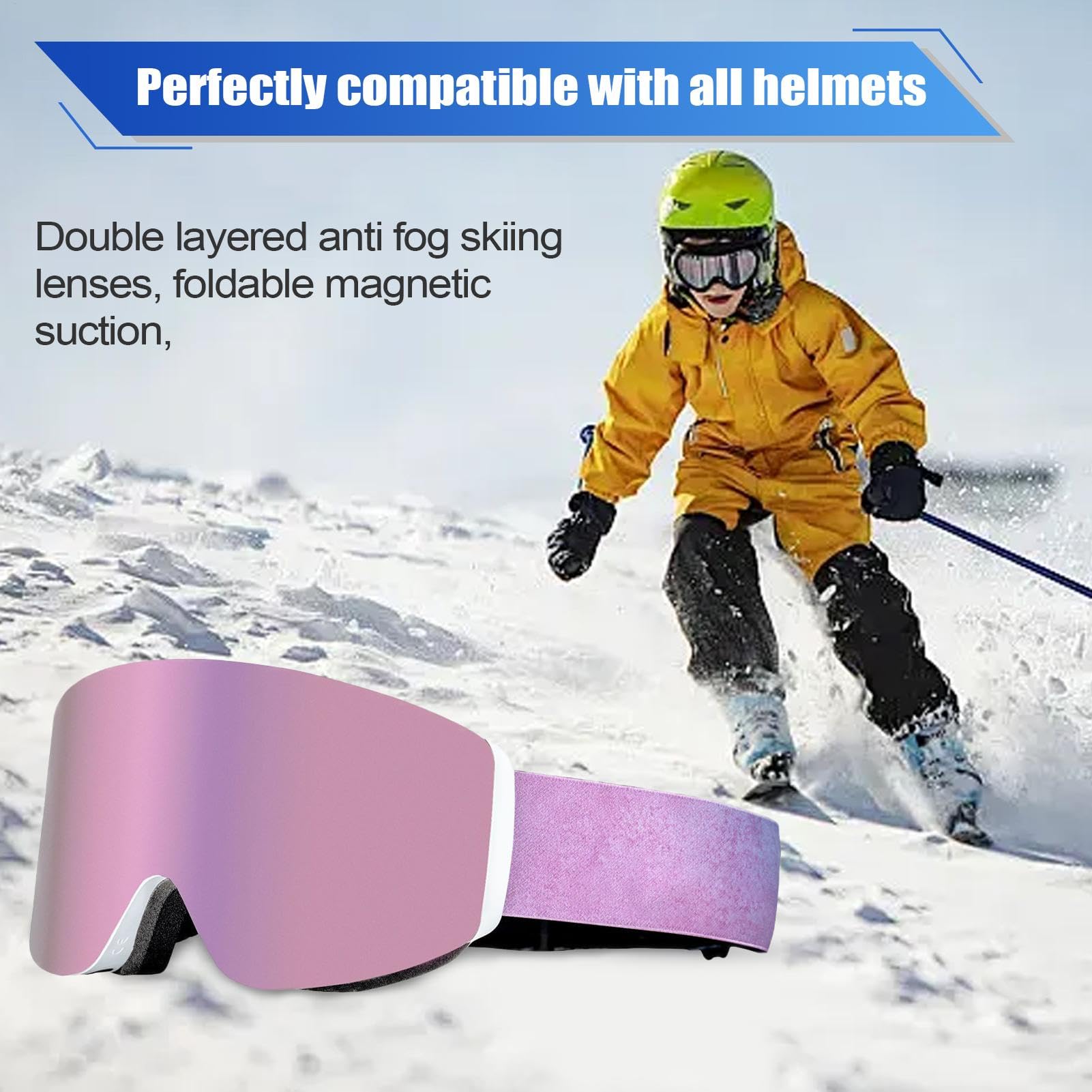 Generisch Skibrille Damen – Snowboard Brille für Brillenträger, Magnetische | Skibrille | Schützendes Skizubehör, Snowboardbrille, Antibeschlag, UV400-Schutz für Skifahren, Schneemobilfahren, Bergsteigen