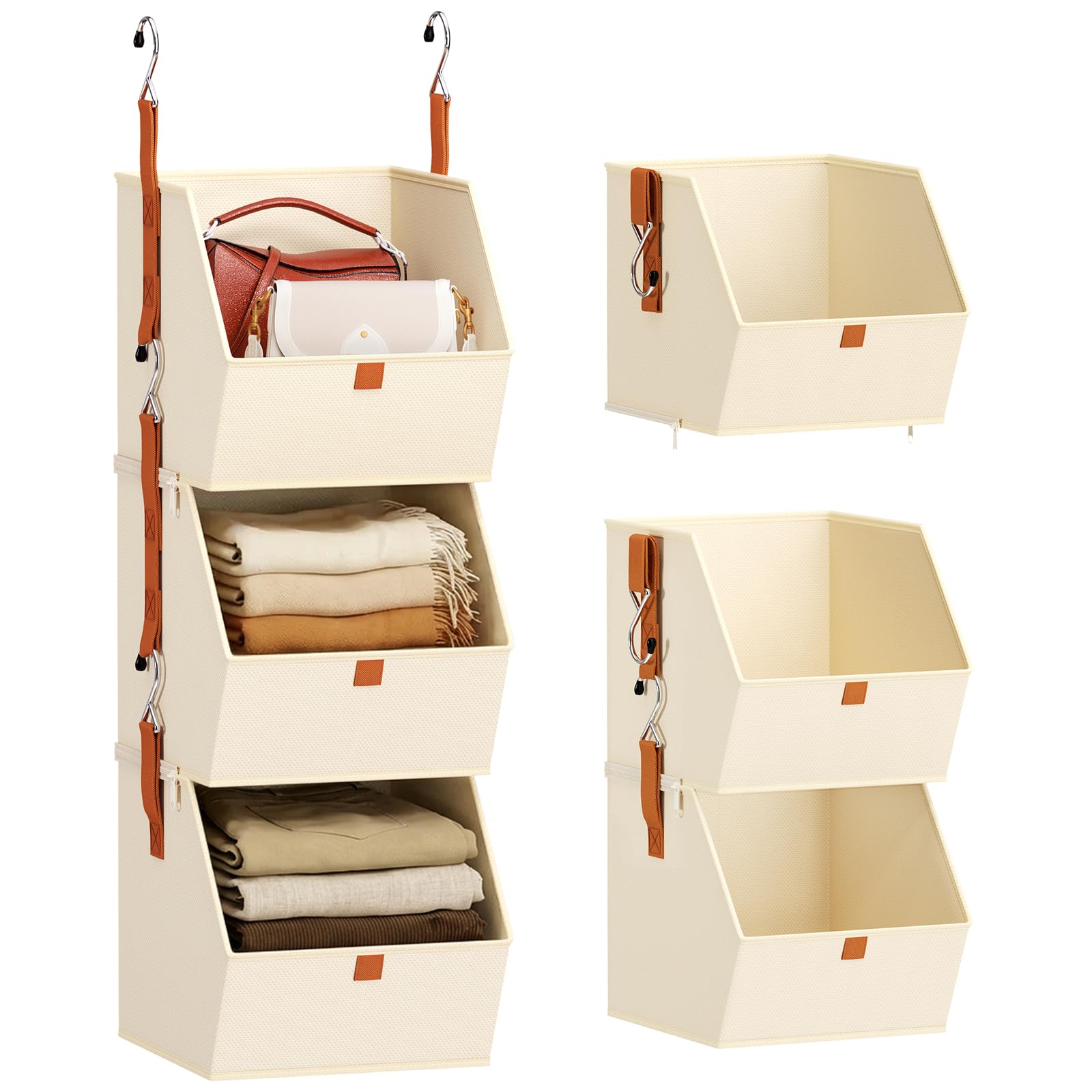 Homsorout Collapsible Hanging Closet Organizer - 3 Tier Closet Shelves Storage System with Hooks, Fabric Hanging Storage Bins for Clothes, Foldable Storage Basket for Laundry, Bedroom, Rv, Beige
