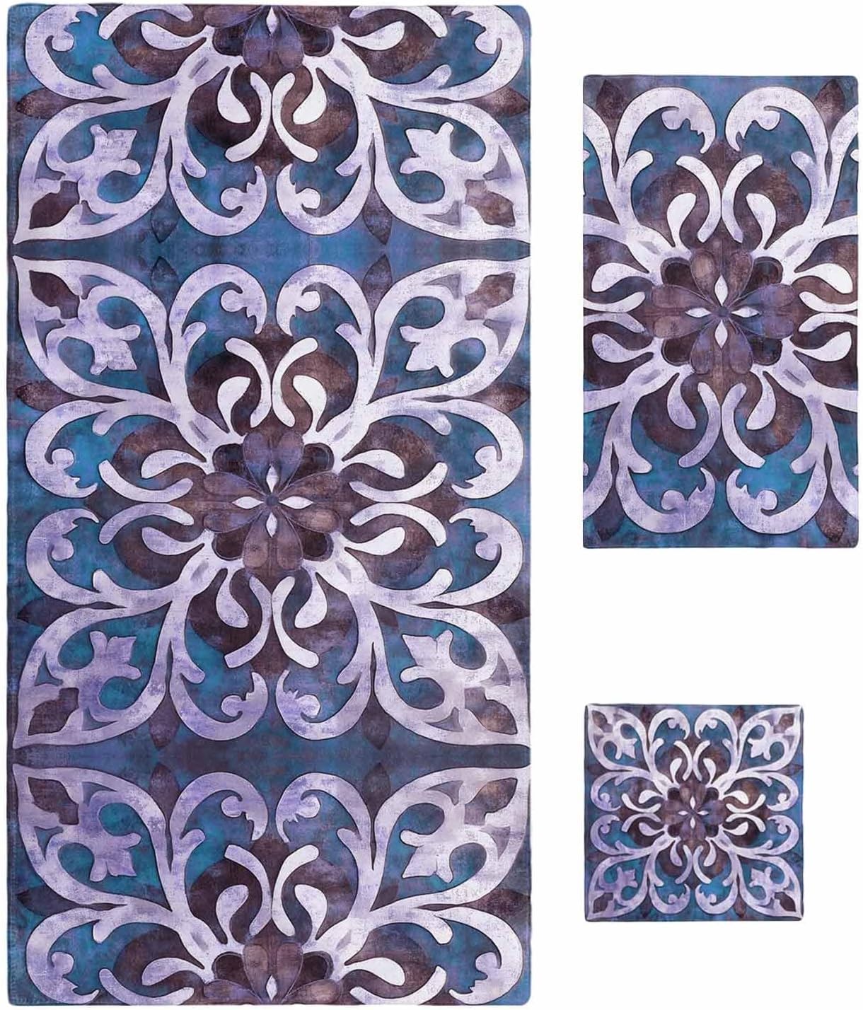 Blue Purple Ethnic 3 Piece Bath Towels Set, Rustic Boho Flowers Impressionist Soft & Absorbent Towels for Bathroom, Hotel (1 Bath Towel 30x60, 1 Hand Towel 16x28, 1 Washcloth 13x13)