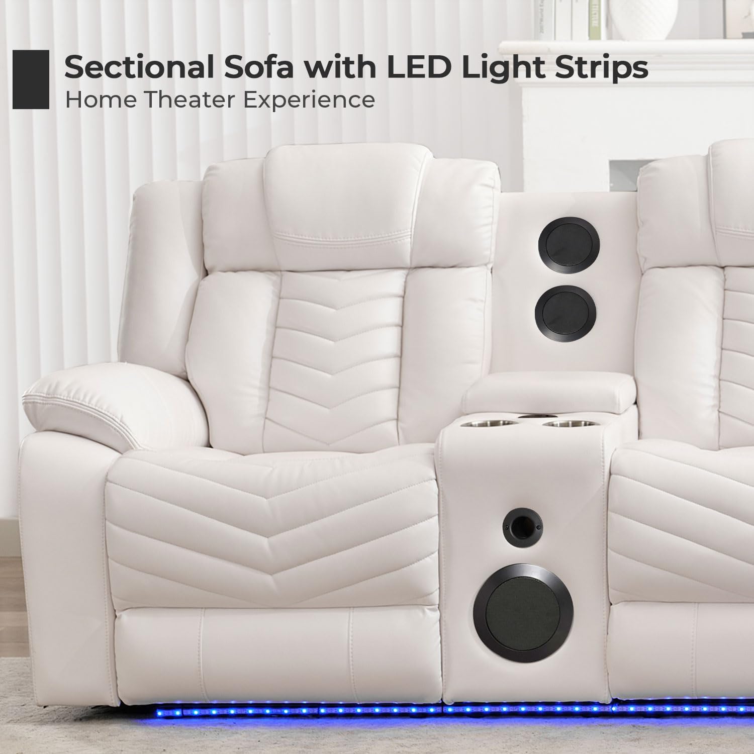 The sectional sofa with its LED light strips illuminated, creating an ambient glow.