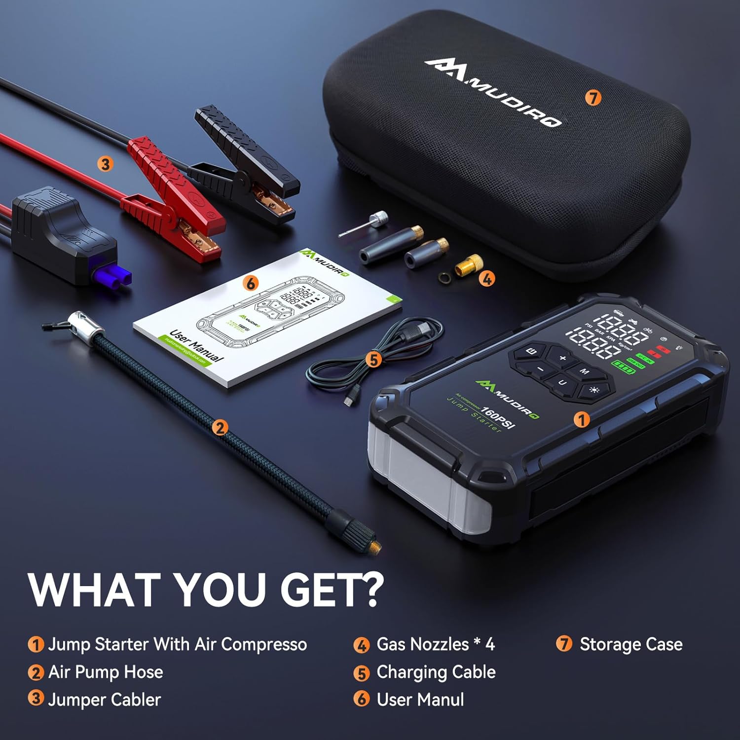 M-JA3 Car Jump Starter with Air Compressor 6000A 160PSI, Battery Jumper Starter Portable(All Gas/8L Diesel), 12V Jump Box Battery Charger