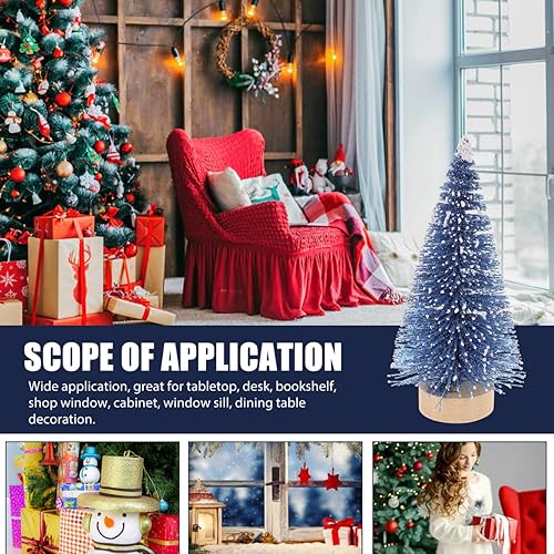 Miniatura 7 de Decoración para el hogar, mini árbol de Navidad artificial, 4 piezas, árboles de sisal, escarcha de nieve, cepillo para botella con bases de madera