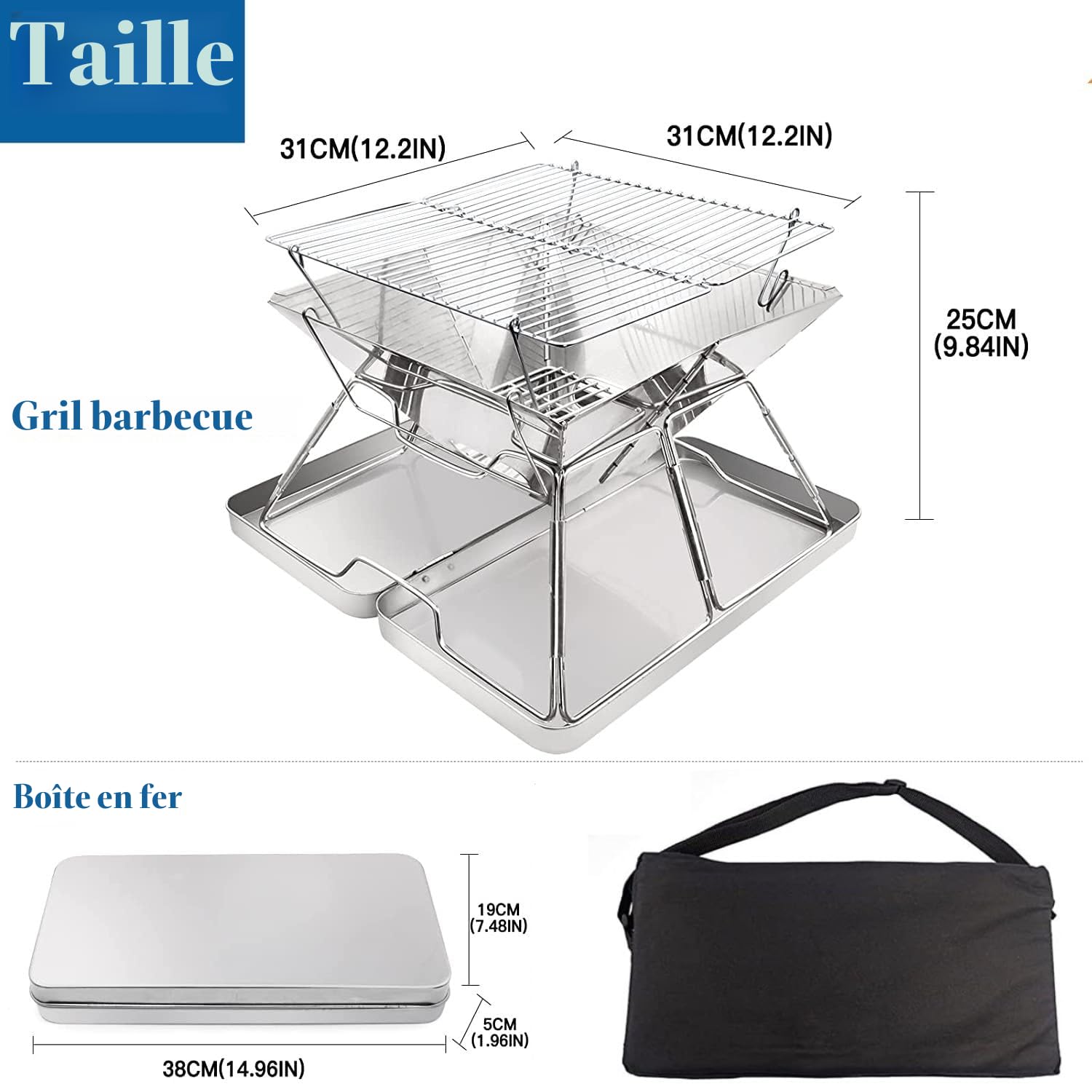 Grille de Barbecue Pliable Foyer en Acier Inoxydable Portable Barbecue au Charbon de Bois Relevable avec Sac de Transport
