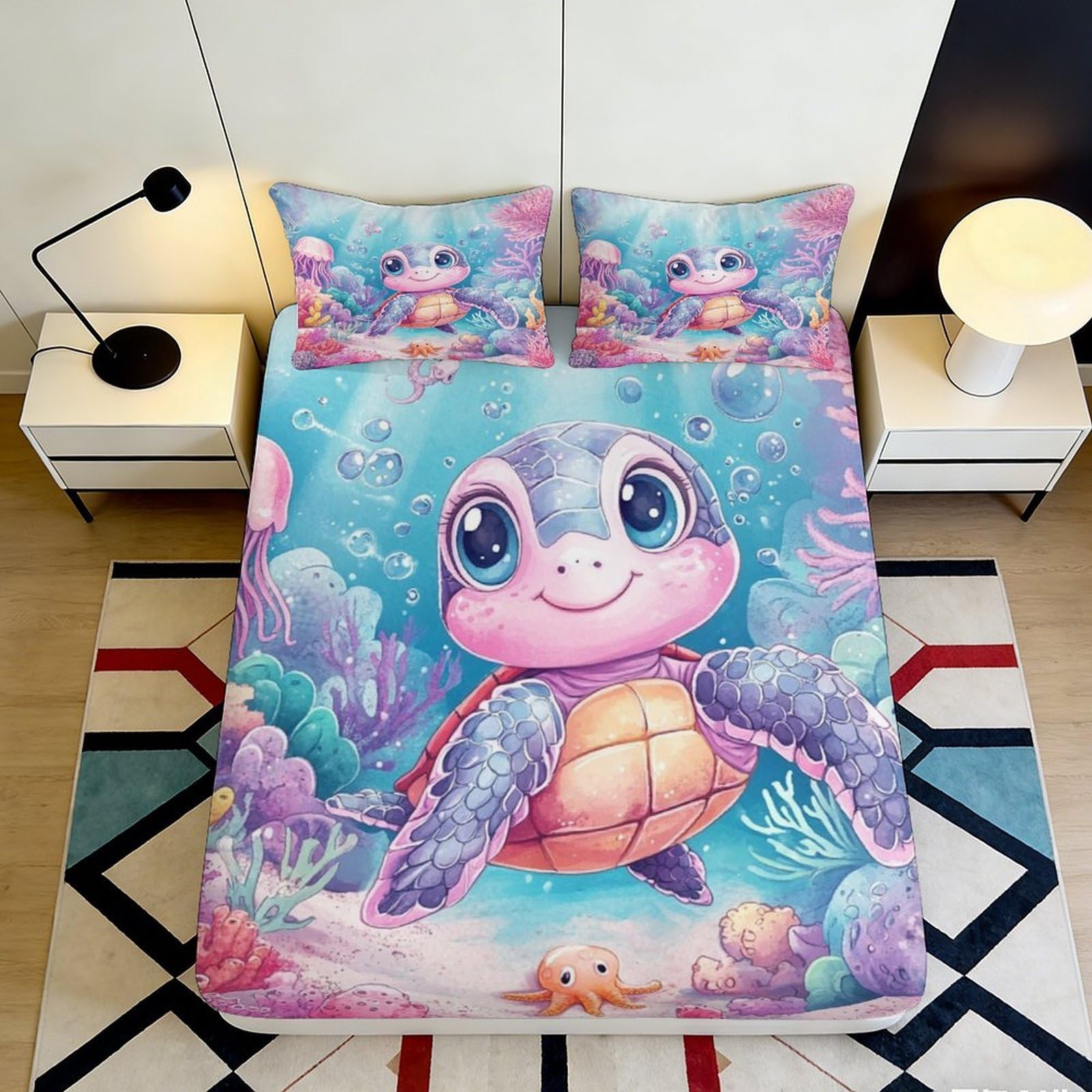 Uxinyoume Style-1 3D Printed Cute Sea Turtle Fitted Sheet Microfiber Soft Blue Ocean Cartoon Mattress Cover For Bedroom Dorm Decoration 90X200x25cm