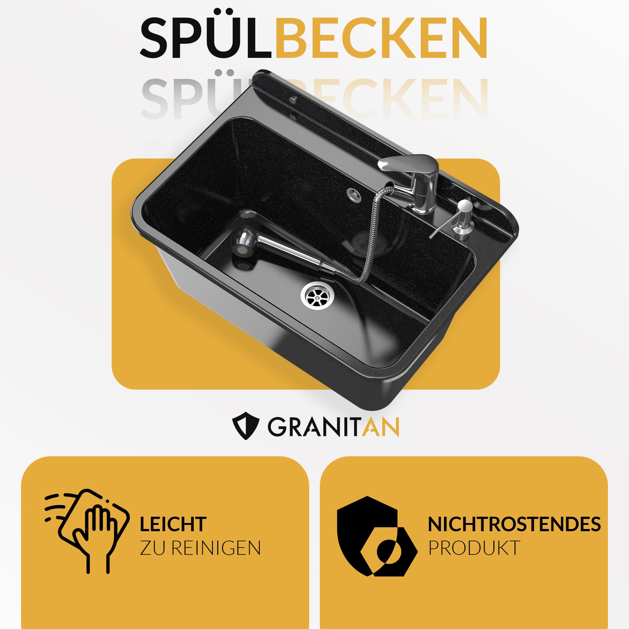Granitan Ausgussbecken für Garage Keller Werkstatt - Universal Waschtrog mit Siphon - Waschbecken Wandmontage aus Polypropylen - 61x41x30 cm (Weiß + BETA Waschtischbatterie)